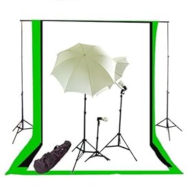 CowboyStudio Complete Photography/Video Studio Triple Light Kit with Lighing Kit, Background Support System and Black, White and Green Muslin Backgrops