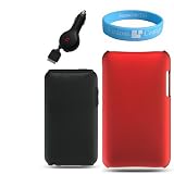 Apple iPod Touch 2 in 1 snap on Black Silicone Skin with red case for ipod Touch 2g and 3g + Retractable Car Charger for ipod Touch 2g and 3g +Wristband