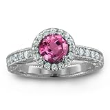 Vintage Inspired Natural Pink Sapphire Diamond Engagement Ring in Platinum Halo Ring (G, SI1, 1.07 cttw), 5mm, Certificate of Authenticity