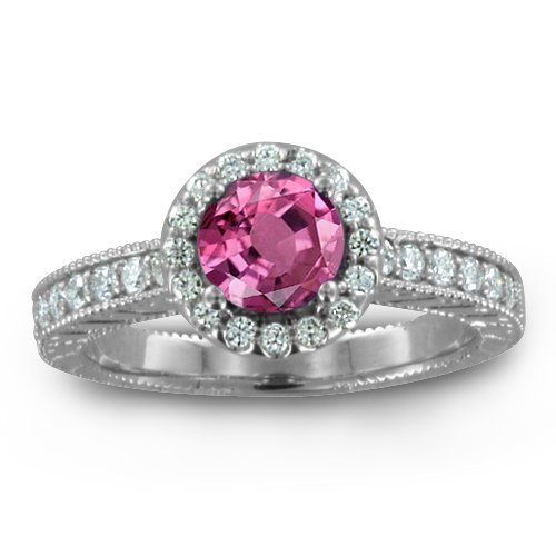 Vintage Inspired Natural Pink Sapphire Diamond Engagement Ring in Platinum Halo Ring (G, SI1, 1.07 cttw), 5mm, Certificate of Authenticity