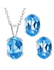 1.90 Ct Oval Swiss Blue Topaz Gemstone Sterling Silver Pendant Earrings Set