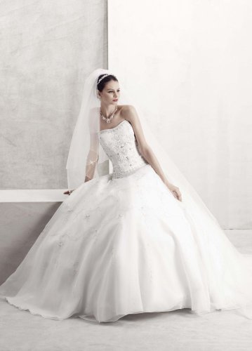 David’s Bridal Wedding Dress: Petite Satin Bodice with Organza Skirt and Beading Style 7CT258