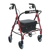 Drive Medical Junior Low Handle Rollator Walker with Padded Seat and Backrest, Red, Junior