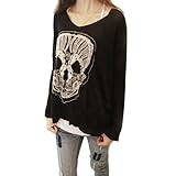 Little Hand Womens Embroidery Skeleton Skull Loose Bat Sleeve T-shirt