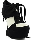 Qupid Ting-08 Two Tone Heel Less Wedge Platform Ankle Sneaker Bootie BLACK