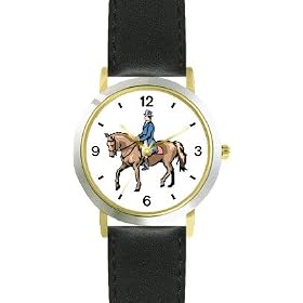 Dressage Horse and Rider Horse - WATCHBUDDY® DELUXE TWO-TONE THEME WATCH - Arabic Numbers - Black Leather Strap-Size-Large 
