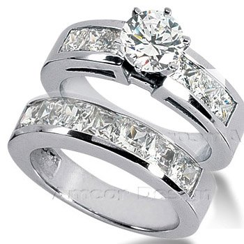 14K White Gold Round Cut & Princess Cut Diamond Matching Bridal Set (3.55ct.tw, HI Color, SI2-3 Clarity)