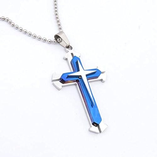 Primepanda Necklace - 18g Blue Silver Stainless Steel Titanium Cross Pendant Men's Necklace Chain Length 48cm