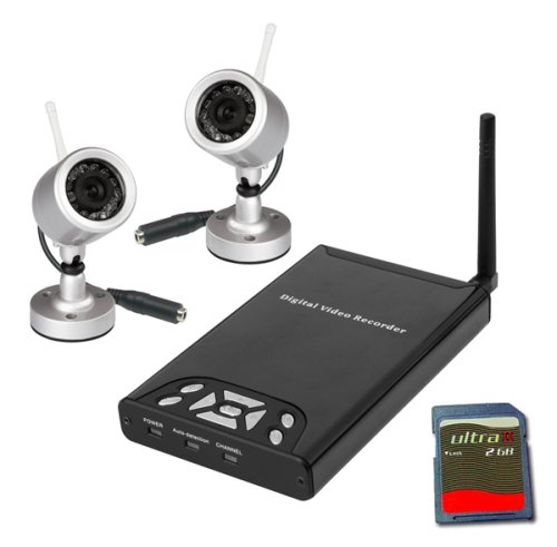 Mini Size Wireless Video Transmission Outdoor Motion Detection Surveillance System With Two Water-Proof Outdoor Day & Night Surveillance CCTV Cameras Built In 2GB SD Card w/hard Disk Recording plus 2GB SD Card (Worth $19.99)