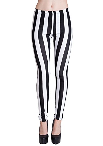 Woman Black & White Vertical Striped Leggings, Made in USA