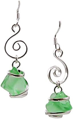 Sea Glass Hand-crafted Wire Wrapped Swirl Drop Earrings in Dark Green