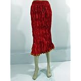 Red Crinkle Summer Skirt with Golden Lace Border Boho Cotton Skirts 30"