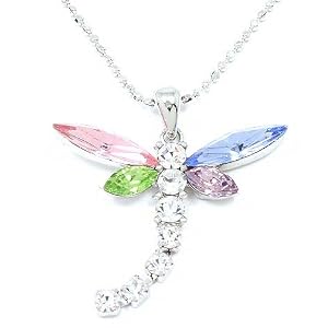 Beautiful Large Multi-Colored Crystal Dragonfly Charm Necklace Silver Tone Tail Moves