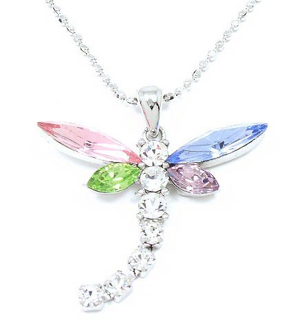 Beautiful Large Multi-Colored Crystal Dragonfly Charm Necklace Silver Tone Tail Moves