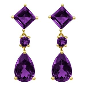 14k Yellow Gold Amethyst Pear and Square Dangle Earrings by