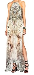Crepe/Silk General Print Crystals Sheer Crystal Slit Sleeveless High-Neck  Dress
