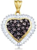 10k Yellow and White Two Tone Gold Round Cut & Baguette Brown Chocolate and White Diamond Heart Shape Love Pendant (1.0 cttw)