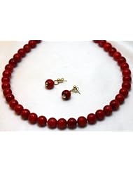 Coral Set Necklace and Earrings 8mm Coral Italian Beads Necklace and Matching Earrings 14k Gold Earrings with Post