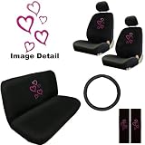 11PC Pink Rose Forever Love Hearts Low Back Seat Covers Bench Seat Cover Shoulder Pads Steering Wheel Cover Head Rest Covers Combo Kit