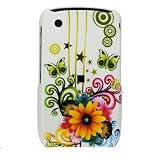 White with Green Yellow Pink Multi Color Flower Butterfly Snap on Hard Skin Cover Case for Blackberry Curve 8520 8530 + Belt Clip