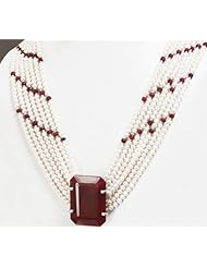 7 Strands Natural Fresh Water Pearl & Ruby Beaded Designer Necklace with Octagon Ruby 925 Sterling Silver Clasp