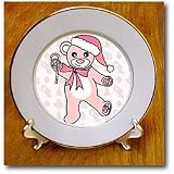 Christmas Cute Dancing Pink Teddy Bear with Santa hat - 8 Inch Porcelain Plate