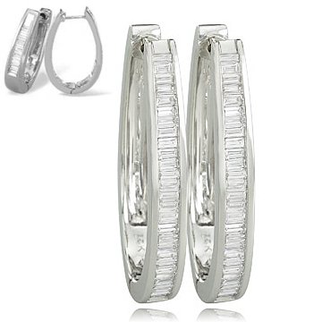 .99ct Baguette Cut Diamond Half Eternity 14K White Gold Horseshoe Huggie Earrings
