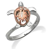 Two-Tone Turtle and Hibiscus Ring with CZs and Rose Gold Finish, Size 7
