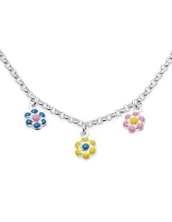 Unicornj Sterling Silver Childrens Necklace with Flower Charms Pink Blue Yellow