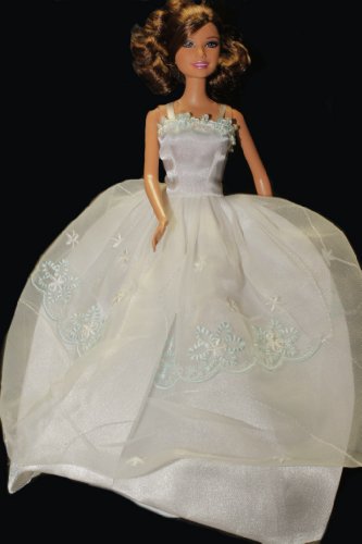 White Barbie Sized Doll Gown with Embroidered Apron