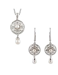 Sterling Silver Freshwater Pearl and Diamond Necklace and Earring Set -- LIFETIME WARRANTY