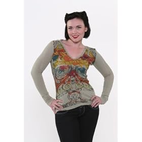 Buy Anama Clothing Olive Love Heart Flowers Tattoo hooded thermal style top Medium by Anama