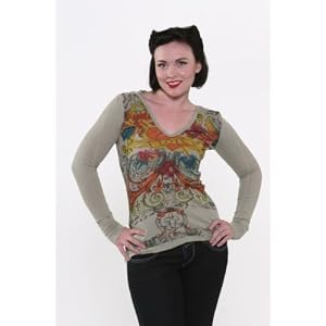 Buy Anama Clothing Olive Love Heart Flowers Tattoo hooded thermal style top Small by Anama