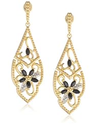 Yellow Gold Plated Sterling Silver Sapphire and Diamond Accent Flower Dangle Earrings