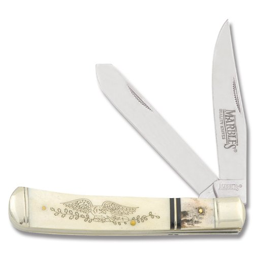 Marbles Outdoors Knives 249 Wildlife Scrimshaw Series - Schrimshaw Trapper Pocket Knife with White Bone Handles
