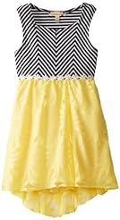 Girls Striped Print Zig Zag Sleeveless High-Low-Hem Lace Polyester  Dress