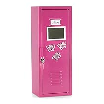 18 Inch Doll Furniture| Bright Pink Doll School Locker Storage Wardrobe with Lock and Key, Clothes Hangers, Magnetized Mirror, Butterfly Magnets and Name Card |Fits American Girl Dolls
