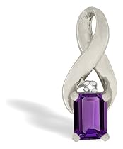 14K White Gold Genuine Emerald-cut Amethyst and Diamond Pendant
