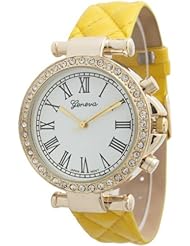 Womens Geneva Roman Numeral Quilted Leather Watch - Mustard