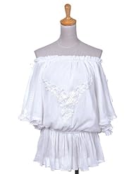 Apparel: Anna-Kaci S/M Fit White Off-Shoulder Embroidered Butterfly Sleeve Peasant Blouse