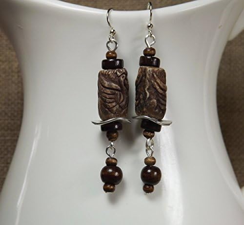 Carved Brown Ceramic Bead and Wood Dangle Boho Rustic Earrings