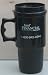 Collectible Black Plastic Travel Drinking Coffee / Tea Mug with handle and lid for straw - Intel Financial Services typed in white - 16 oz - 6 1/2 inches tall x 3 inches in diameter