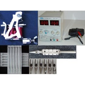 New Tattoo Kit - Tattoo Gun (Messengar tattoo Machine Silver with Red Coil), Power Supply, Footswitch, Tips/Tube/Grip, Needles