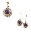Sterling Silver and 14K Yellow Gold Cabochon Amethyst Earrings and Pendant