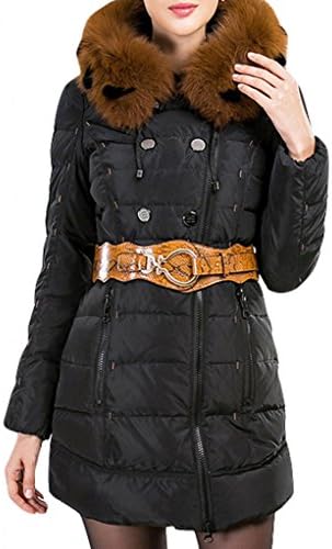Yypm Women's Luxury Large Fox Fur Trim Mid Length Hooded Down Coat with Belt Black XL