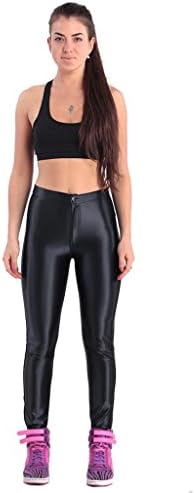 FanRun Women's High Waist Fitness Slim Stretch Satin Disco Pants,Black,Size L