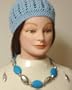 Silver Plated and Blue Turquoise Large Beads Short Chain Necklace and Earrings Offered with Hand Crocheted Blue Cotton Skull Cap