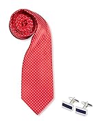 SILVIO SILVANI Pack Corbata Roja Con Topos Blancos + Gemelos Con Piedra Azul Marino