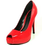 Qupid Glossy Peep-toe Stiletto Pumps Red System-99x