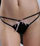 Black G-String Thong With Pink Ribbon Detail - O/S
